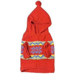 Hooded Dog Sweater Medium 12 | Red Fair Isle Pom Pom Knit | Wuf Wear Rare Style